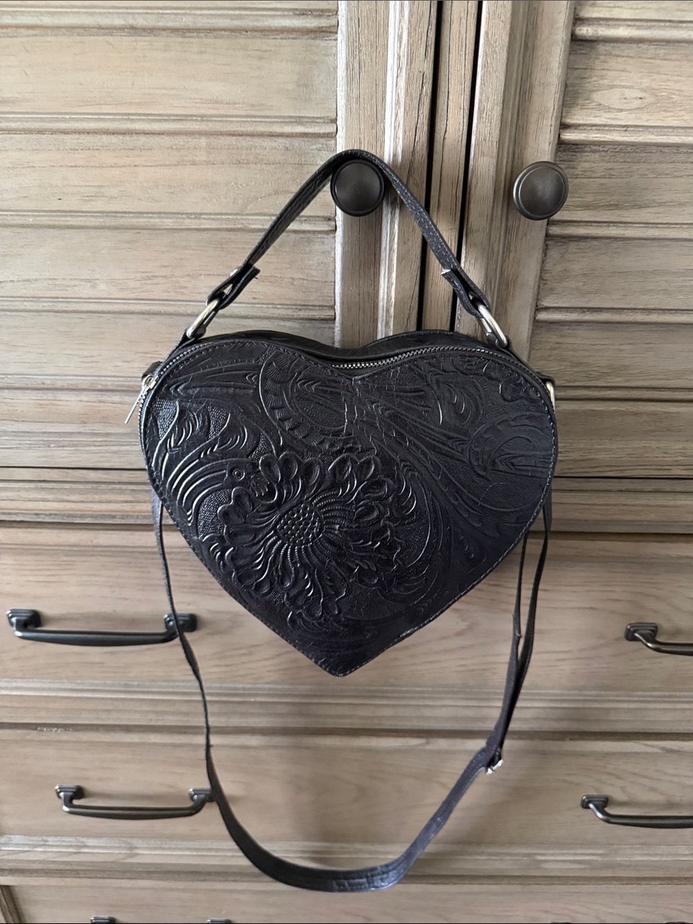 Black Heart-Shaped Tooled Leather Crossbody Bag